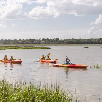 kayakers lined up in the water 