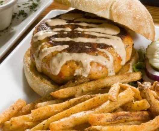 salmon burger and fries