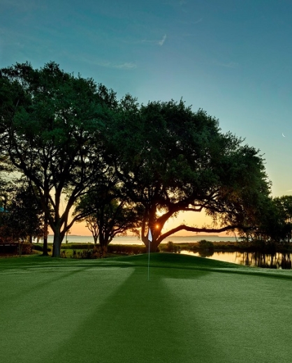 golf course with sunset